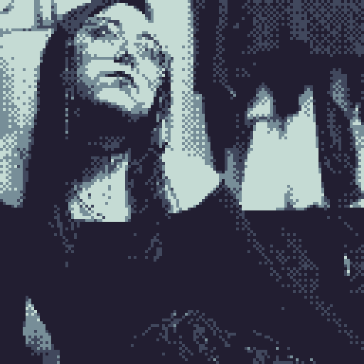 a pic of me in a cute goth fit stylized as a monochrome gameboy camera picture