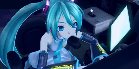 miku typing at a computer setup in a dark room