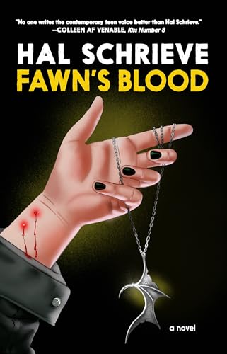 cover for Fawn's Blood, a hand holding a bat wing pendant shaped like a half heart with two bite marks along the wrist like a vampire's