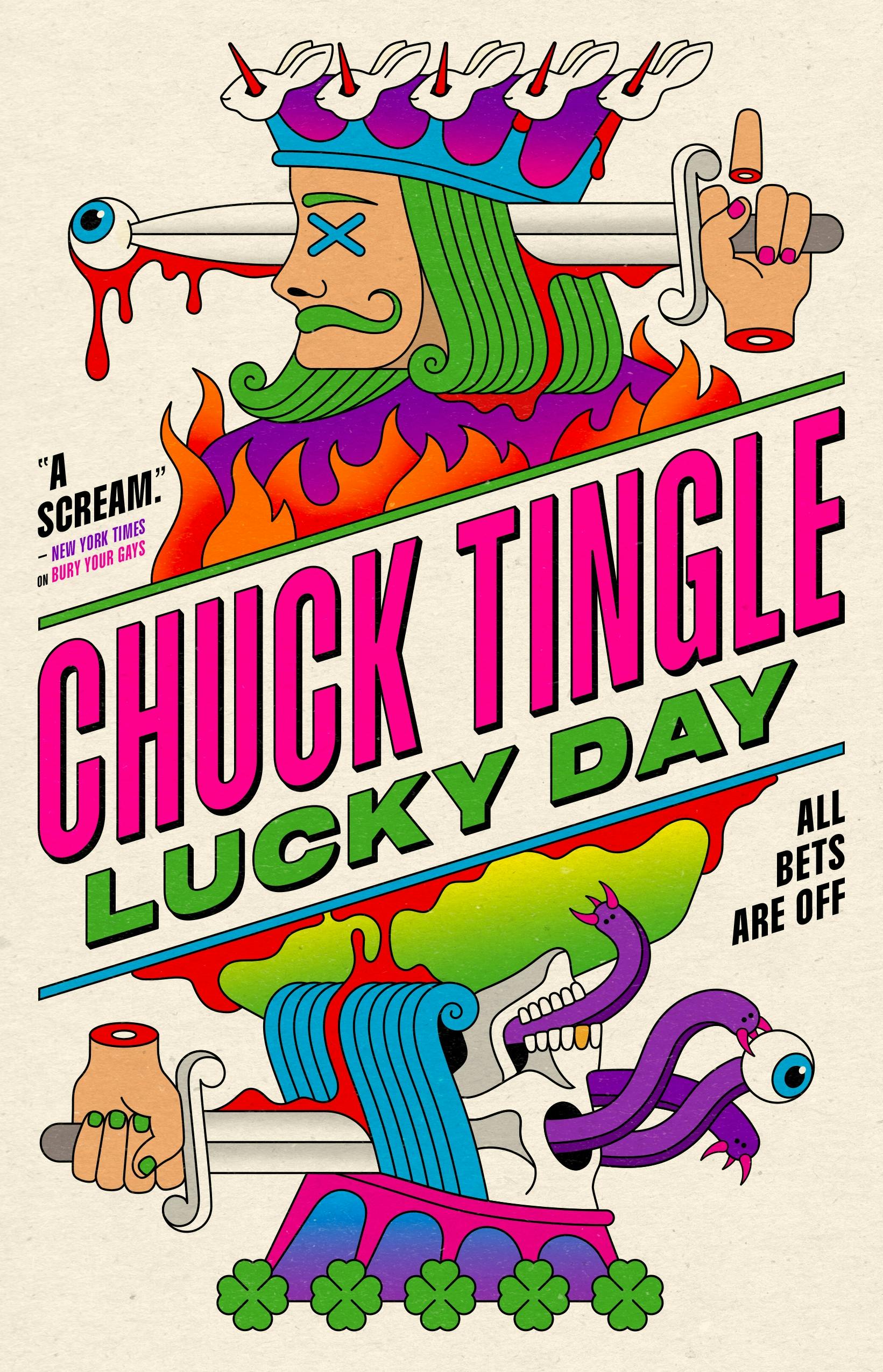 cover for Lucky Day, like a king playing card but with neons and strange differences, such as rabbit heads staked through the points of the crown on one side and a skull with lamprey-like tentacles coming out of it on the other