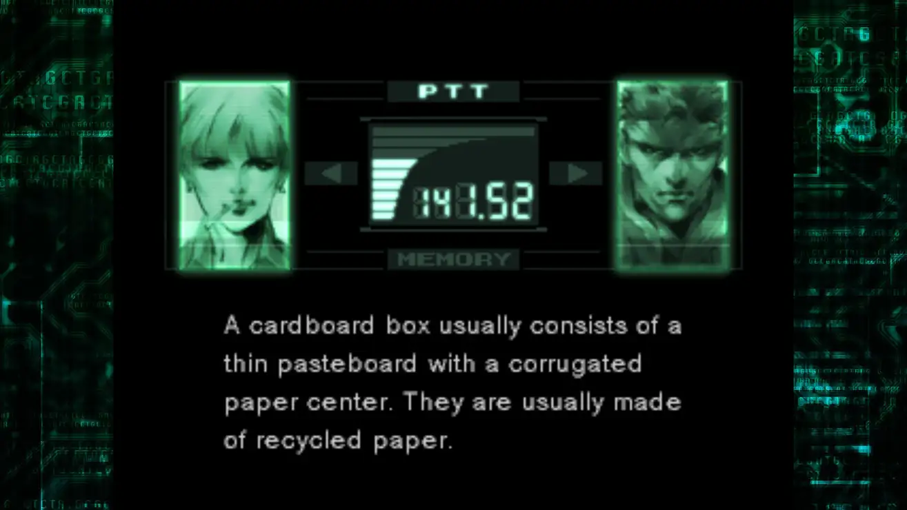 screencap of the metal gear solid codex conversation about boxes