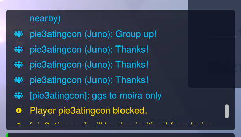 in-game chat showing the juno player requesting to group up and then messaging ggs to moira only