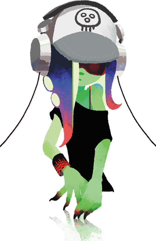 Dedf1sh, a partially sanitized octoling, as shown on her album cover, headphones on and over a mixing table