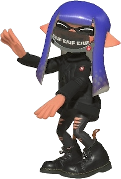 A pale inkling wearing a Squidbeak mask and black jacket with ripped pants and boots