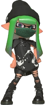 A pale inkling wearing a mask and beanie and long black and white splat button up with ripped pants and boots